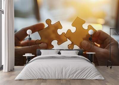 Two Hands Interlocking Puzzle Pieces Against Sunlit Background Wall mural