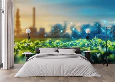 A financial report showing growth in renewable energy, with a background of a bioenergy plant Wall mural