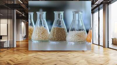 Beakers with different sustainable protein samples lined up on a laboratory counter Wall mural