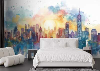 Book with a city skyline on its cover, magical urban fantasy, Watercolor style Wall mural