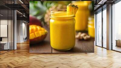 Bright yellow smoothie in a glass jar, made from pineapple, mango, and turmeric, Healthy drink prep, tropical detox Wall mural