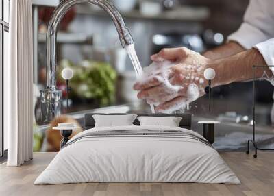 Close-up of a chef washing hands at a kitchen sink, photo-realistic detail, hand hygiene, kitchen cleanliness Wall mural