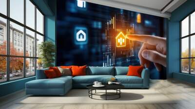 Close-up of a professional male s hand touching a glowing real estate growth graph on a digital screen, home investment concept, property market analysis Wall mural