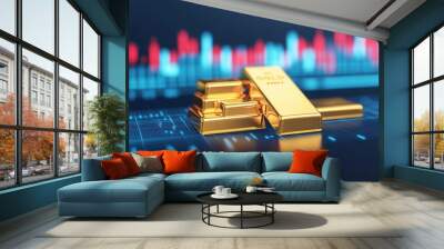 Close-up of gold bars on a financial chart background, symbolizing wealth and investment opportunities in the gold market. Wall mural