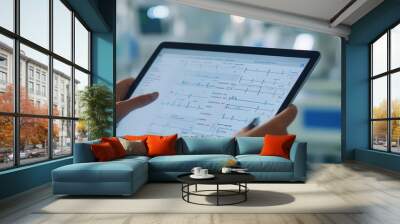 Close-up of hands reviewing a healthcare project plan on a tablet, hospital setting in the background, medical project, task management Wall mural