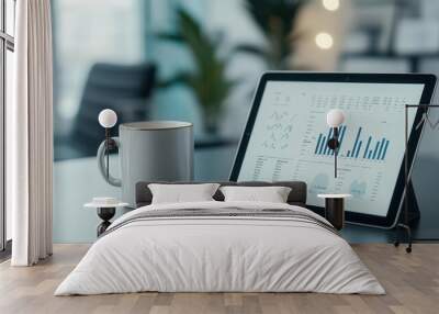 Digital tablet showing growth charts, next to a coffee mug on modern office table Wall mural