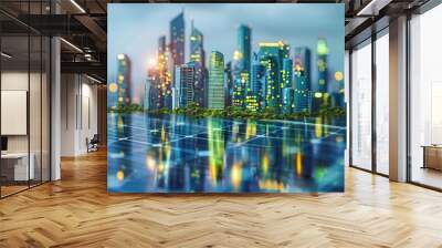 Futuristic city skyline reflecting on solar panels, showcasing modern architecture, sustainable energy, and urban development at dusk. Wall mural