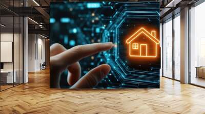 Male hand pressing a virtual house symbol on a futuristic digital interface, mortgage loan analysis, real estate market investment, advanced tech design Wall mural