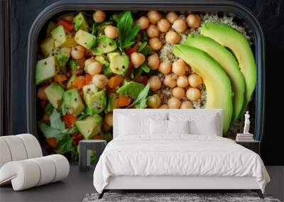 Open vegan meal prep box with chickpea salad, avocado slices, and quinoa, fresh ingredients and hyper-realistic textures Wall mural