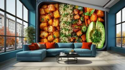 Open vegan meal prep box with neatly organized quinoa, roasted vegetables, and avocado, photo-realistic, vibrant and fresh ingredients Wall mural