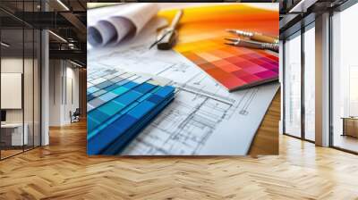 Photorealistic close-up of color samples on a wooden desk with office blueprints and design tools Wall mural