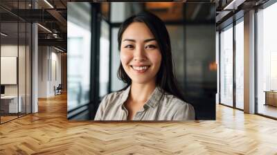 Confident smiling young professional Asian business woman corporate leader, happy japanese female employee, company sales marketing manager, standing in office, headshot, Generative AI Wall mural