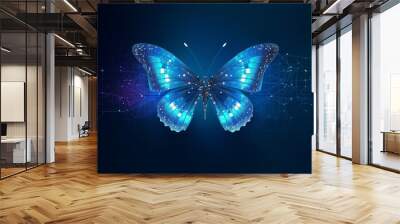 Digital butterfly in a futuristic polygonal style on a blue background. Converting binary code into a butterfly, metamorphosis of renewal or transformation. bringing business ideas, Generative AI Wall mural