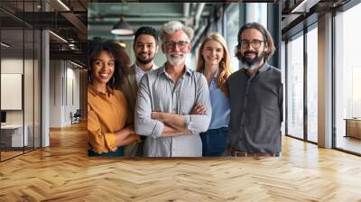 Happy diverse business people team standing together in office, group portrait. Smiling multiethnic international young professional employees company, Generative AI Wall mural