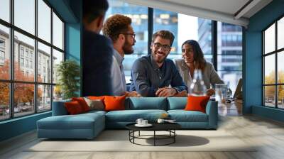 Professional happy diverse team business people talking at office meeting. Relaxed friendly international company workers executives group having teamwork discussion in board room at, Generative AI Wall mural