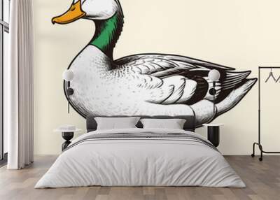 Hand Drawn White Duck Engraved Illustration Wall mural