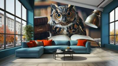 An owl wearing a oversized reading glasses carefully reading a book.  Wall mural