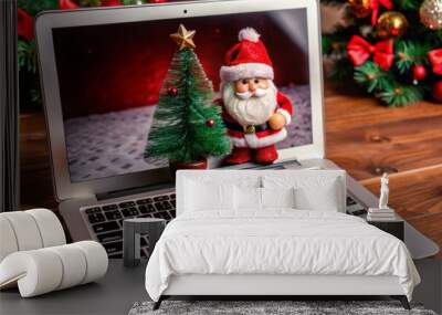 Santa Laptop Christmas tree Holiday New Year Christmas Backgrounds for advertising Texture for editor Picture for marketing Image for business Template for editor Wallpaper for desktop Wall mural