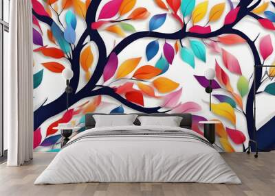 abstract background with leaves, colorful leaves on two branches of trees with white background Wall mural