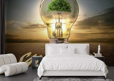 energy saving concept with bulb on sunset Wall mural