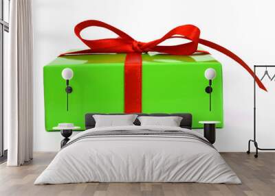 A green gift with a red ribbon and a bow Wall mural