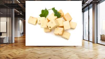 Cubes of cheddar cheese isolated on white Wall mural