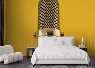 Gold microphone and sound wave on yellow background mobile vertical format. Creator content, Podcast, live, streaming. 3d rendering. Wall mural