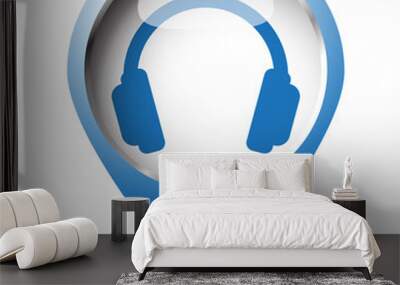 Map pin symbol with Headphones icon. Blue symbol on white backgr Wall mural