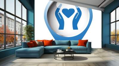 Map pin symbol with Heart care icon. Blue symbol on white backgr Wall mural