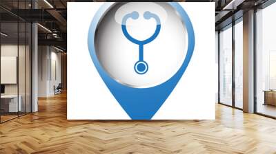 Map pin symbol with Stethoscope icon. Blue symbol on white backg Wall mural