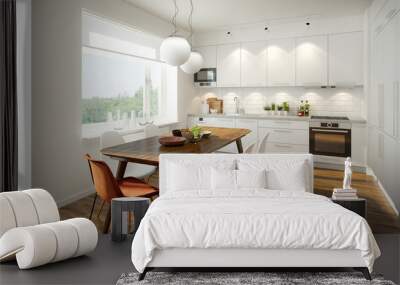 3D rendering of a modern light colored kitchen Wall mural