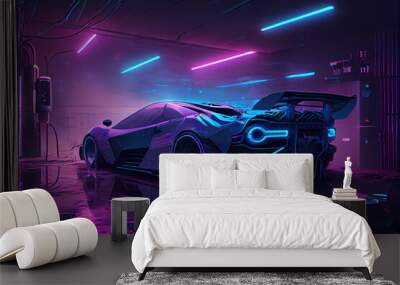 cyberpunk style, sports car On a wet garage floor with bright blue neon stripes Wall mural