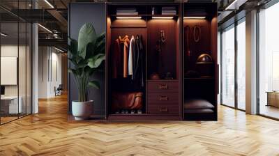 Modern wooden wardrobe with clothes hanging on rail in walk in closet design interior.Modern modular wardrobe concept. High quality ai generated illustration. Wall mural