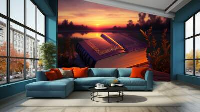 Open Bible on a table with sunset light and sea background. ai generated illustration. Wall mural