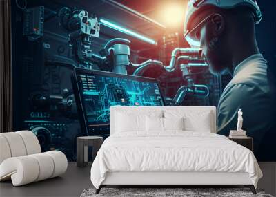 Robotic Process Automation engineer using laptop for smart factory automation software Wall mural