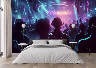 silhouettes of concert crowd in front of bright stage lights Wall mural