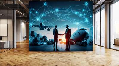 Transportation and logistic network distribution ai digital future network of cargo containers logistics transport import export concept, Container freight truck on highway and world map at modern Wall mural