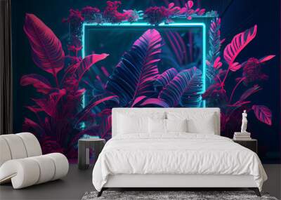 Tropical leaves in vibrant bold gradient holographic neon colors. Creative fluorescent color layout made of tropical leaves with neon light square. Flat lay. Nature concept. High quality ai generated Wall mural