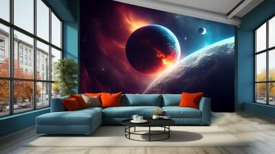 View of planet earth burning in space and galaxy. Splendor of planets and stars in space. Abstract space background.  Wall mural