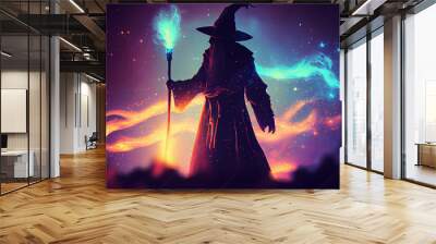 Wizard casts enchanted powerful spell in the woods. Magic wizard silhouette. Merlin with stars. High quality illustration. Wall mural