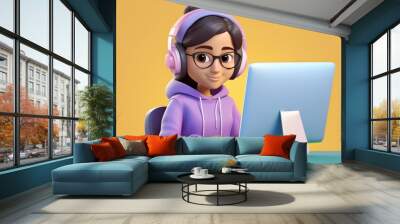 3D animated girl wearing headphones and glasses types on a keyboard in front of a computer, 3D illustration Wall mural