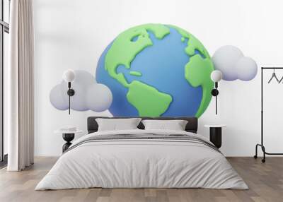 3D cartoon Earth floating with fluffy clouds, 3D render isolated background Wall mural