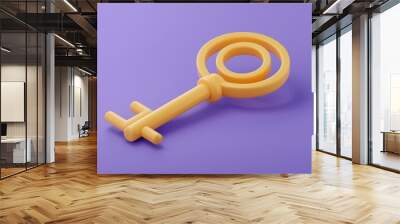 3D golden key rests on a purple surface Wall mural