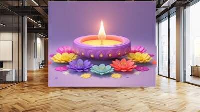 3D lit candle surrounded by colorful flowers Wall mural