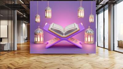 3D open Quran sits on a stand surrounded by lanterns Wall mural