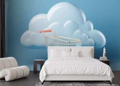 3D shopping cart sits under a fluffy cloud, 3D illustration Wall mural