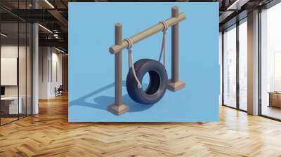 3D tire swing hanging from two wooden posts, 3D illustration Wall mural