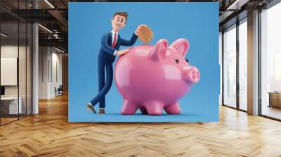 A businessman puts a coin into a piggy bank, 3d illustration Wall mural