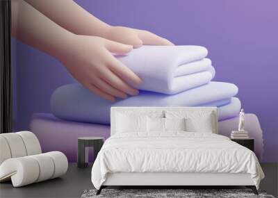 A hand gently places a folded white towel on top of a stack of folded towels, 3D illustration Wall mural