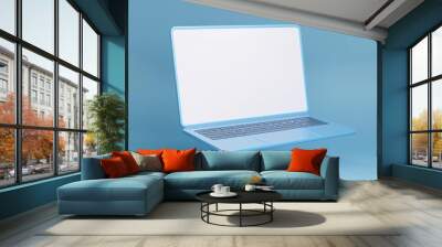 A light blue laptop with a blank screen sits on a blue surface, 3D illustration Wall mural